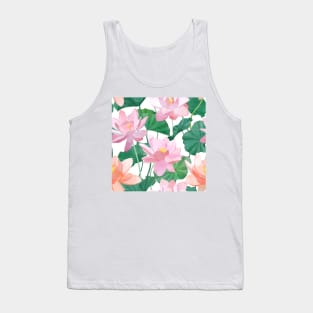 Lotus flowers and leaves watercolor illustration. Exotic spring floral print. Summer Tropical seamless pattern Tank Top